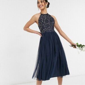 Navy Embellished Halter Neck Midi Dress
